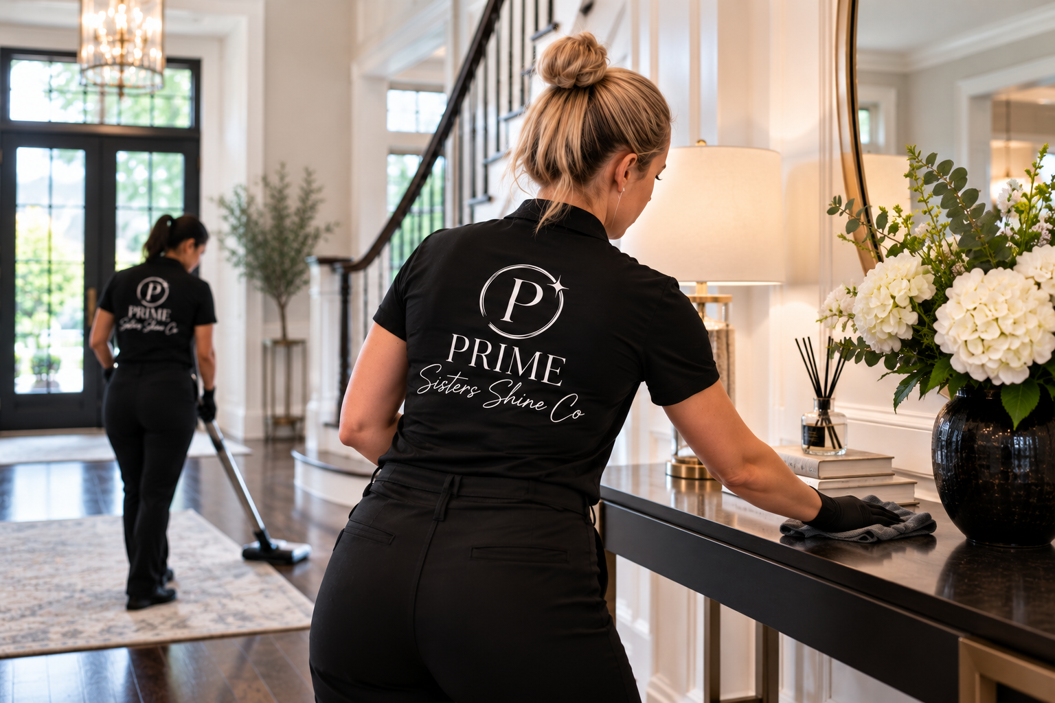 Prime Sisters Shine Co cleaning professionals in branded black uniforms caring for an elegant foyer